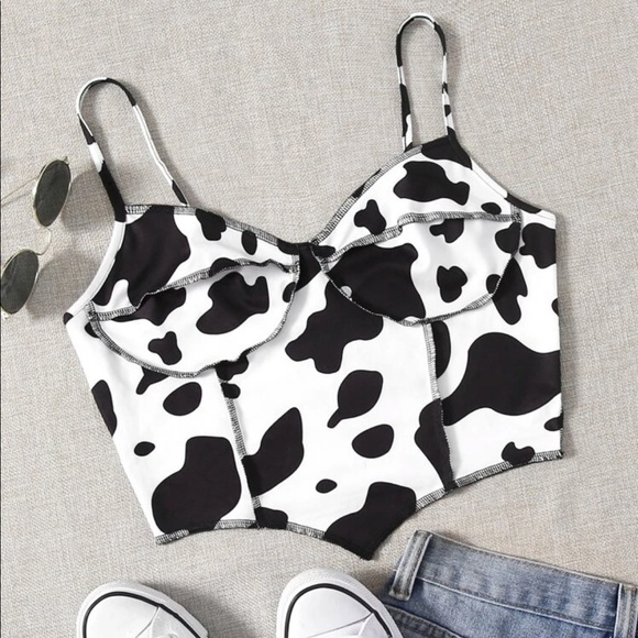 Cow print contrast stitch asymmetrical hem cami crop top - Picture 1 of 2
